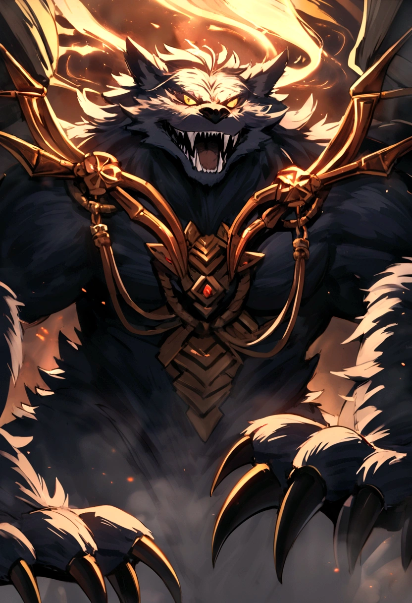 Fenrir, the Mighty Wolf, looms large with an imposing and fearsome presence. His massive form is covered in thick, dark fur that ripples with hidden strength and ancient power. Sharp, obsidian-black claws protrude from his massive paws, each one capable of rending stone and steel alike. His eyes burn with a fiery intensity, gleaming like molten gold against his deep fur.
Around his neck, Fenrir wears an enchanted collar forged from the unbreakable chains of the gods, a constant reminder of his unrivaled strength and the threat he poses. His powerful jaws, lined with razor-sharp teeth, exude a menacing aura as he lets out deep, rumbling growls that echo through the battlefield. Despite his ferocious appearance, there is a calculating intelligence in his gaze, reflecting his role as a cunning and formidable adversary. Fenrir embodies the primal forces of nature and the untamed fury of the wild, a force to be reckoned with in the realms of gods and men alike