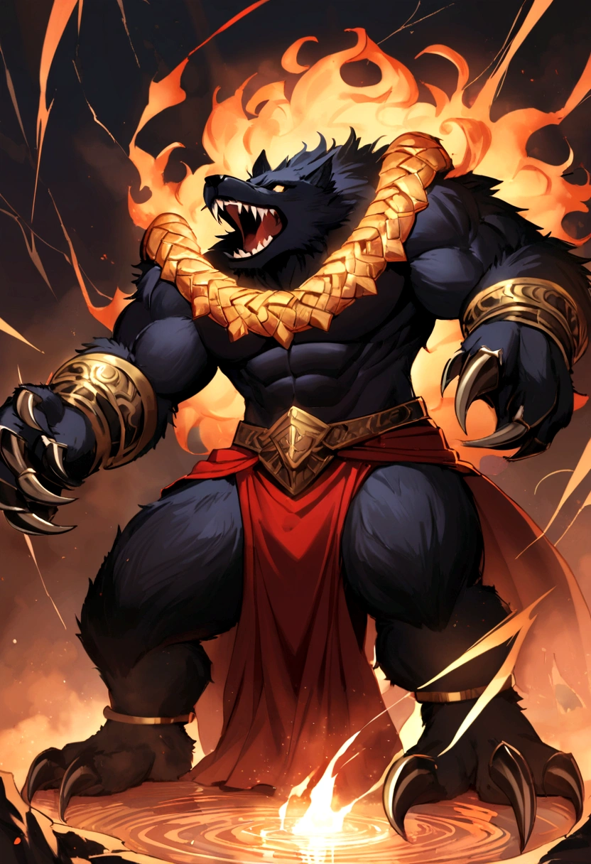 Fenrir, the Mighty Wolf, looms large with an imposing and fearsome presence. His massive form is covered in thick, dark fur that ripples with hidden strength and ancient power. Sharp, obsidian-black claws protrude from his massive paws, each one capable of rending stone and steel alike. His eyes burn with a fiery intensity, gleaming like molten gold against his deep fur.
Around his neck, Fenrir wears an enchanted collar forged from the unbreakable chains of the gods, a constant reminder of his unrivaled strength and the threat he poses. His powerful jaws, lined with razor-sharp teeth, exude a menacing aura as he lets out deep, rumbling growls that echo through the battlefield. Despite his ferocious appearance, there is a calculating intelligence in his gaze, reflecting his role as a cunning and formidable adversary. Fenrir embodies the primal forces of nature and the untamed fury of the wild, a force to be reckoned with in the realms of gods and men alike