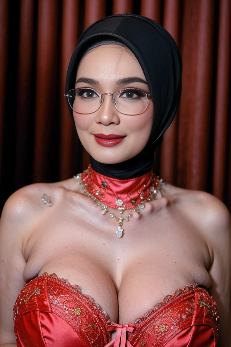 (((SPECTACLES))), ((Saggy breasts:1.7)), ((Gigantic tits:1.7)), (from behind up) seductive pose, ((Thin:1.6)), (Happy smile), (((HIJAB MALAY GIRL))), masutepiece, High quality, UHD 32K, Realistic face, Realistic skin feeling , A Japanese Lady, 30 years old woman, (((FLAT CHEST))), (Night time at forest), ((look In front  at the camera and SADNESS)), (((RED FLUORESCENT & RED FLUORESCENT))), ((RED FLUORESCENT LIPS)), ((Floral Pattern)), ((wearing strapless lingerie bra)), dark night background , black forest night, horror scary place,