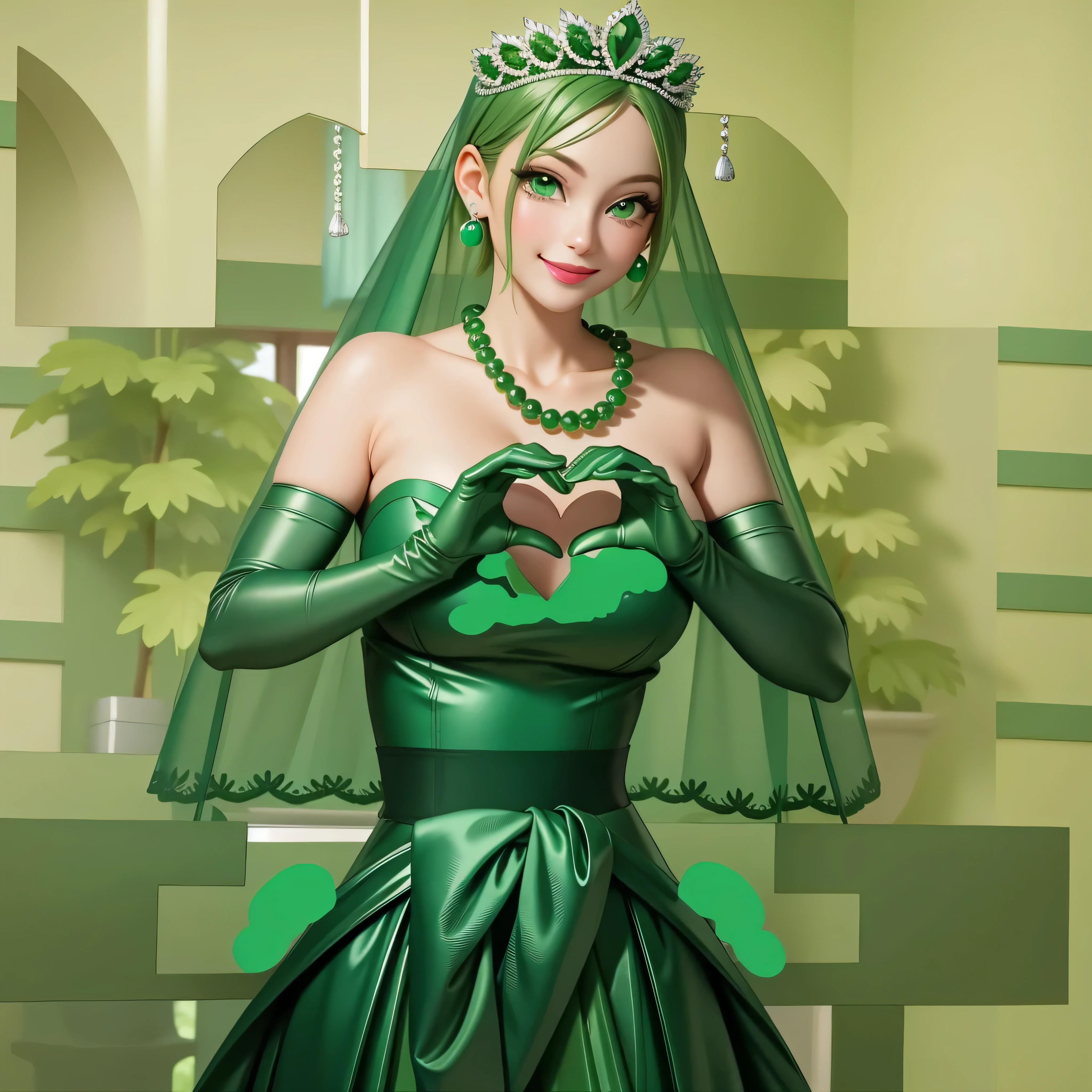 emerald tiara, Green Pearl Necklace, Boyish very short green hair, Green Lips, Smiling Japanese woman, Very short hair, Busty beautiful lady, Green Eyes, Green satin long gloves, Green Eyes, Emerald Earrings, Green veil, Heart with both hands, Green Hair, Beautiful Japanese Woman, Heart shaped hands:1.3, green lip gloss