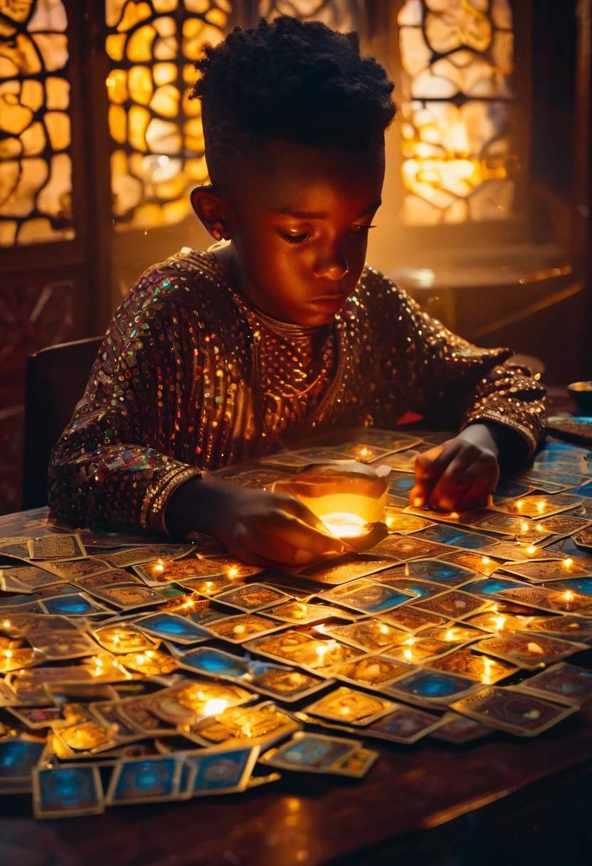 Impressionism, Practical, 1 boy, fortune teller, Tarot cards on the table, Looking at the audience, Dark Skin, mystery, magic, glow, glowing, dark magic lighting, Moody, Movie, spark, sparkling, dark