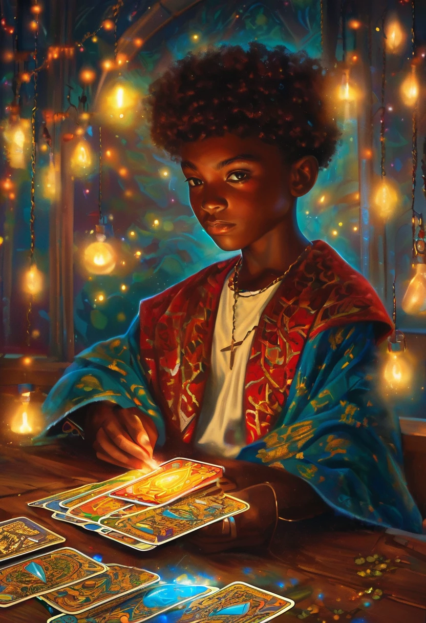 Impressionism, Practical, 1 boy, fortune teller, Tarot cards on the table, Looking at the audience, Dark Skin, mystery, magic, glow, glowing, dark magic lighting, Moody, Movie, spark, sparkling, dark