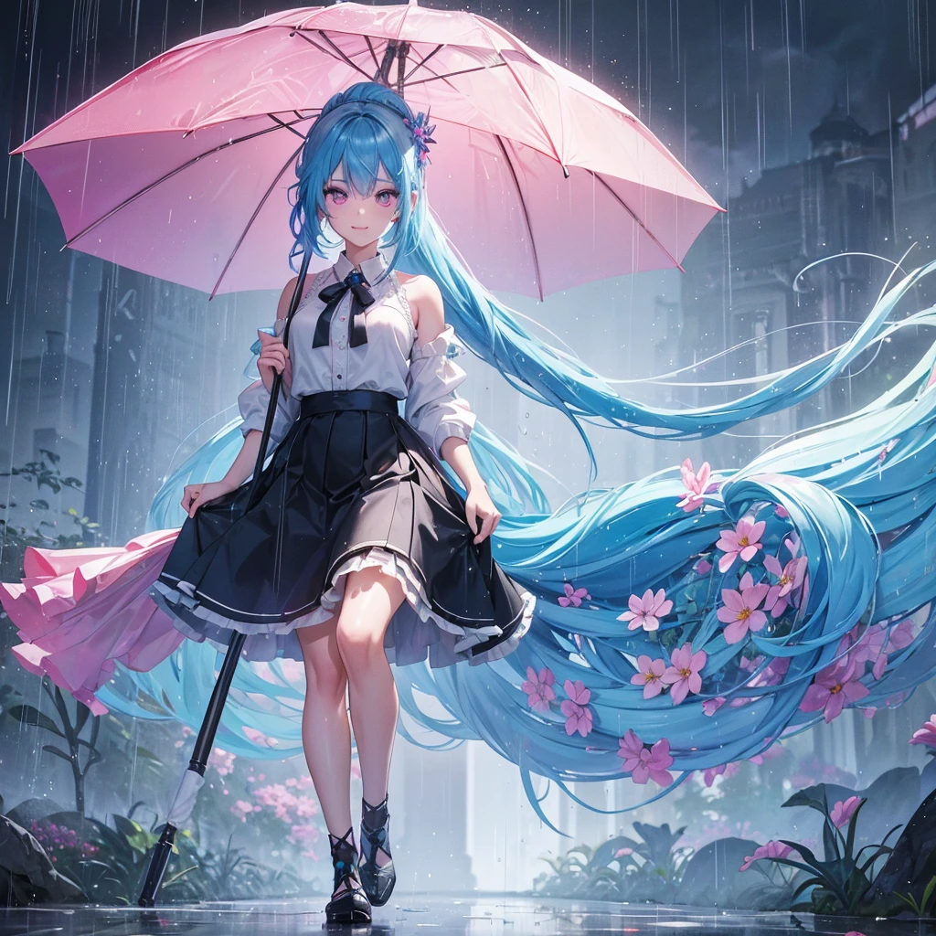 sky Blue hair, (braided ponytail),(pink eyes),fair skin ,(full body),(1 girl),smile,Straight Bangs,(masterpiece, best quality, ultra-detailed, best shadow), (detailed background), (beautiful detailed face), high contrast, (best illumination, an extremely delicate and beautiful), ((cinematic light)), colorful, hyper detail, dramatic light, intricate details,Walking in the rain with an umbrella,noon,colorful umbrella,bright, Raindrops, rain shower,