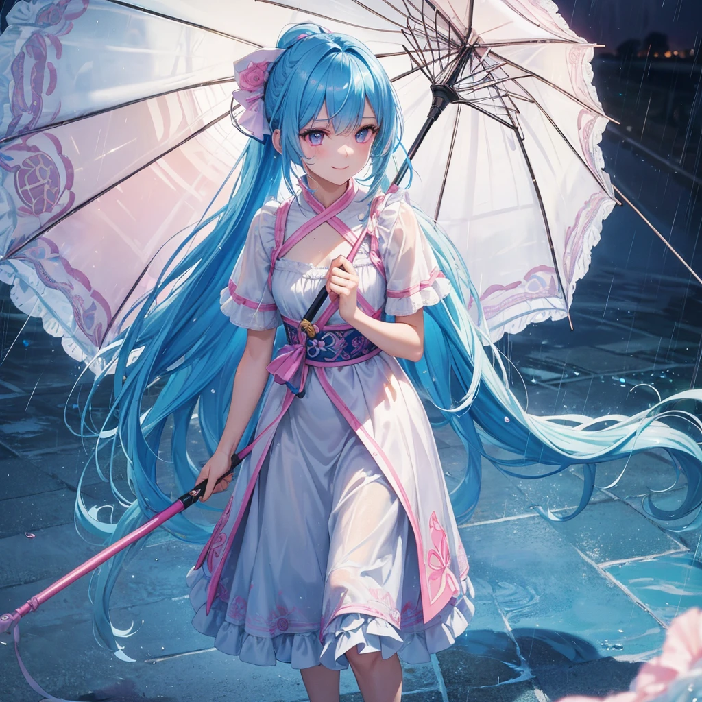 sky Blue hair, (braided ponytail),(pink eyes),fair skin ,(full body),(1 girl),smile,Straight Bangs,(masterpiece, best quality, ultra-detailed, best shadow), (detailed background), (beautiful detailed face), high contrast, (best illumination, an extremely delicate and beautiful), ((cinematic light)), colorful, hyper detail, dramatic light, intricate details,Walking in the rain with an umbrella,noon,colorful umbrella,bright, Raindrops, rain shower,