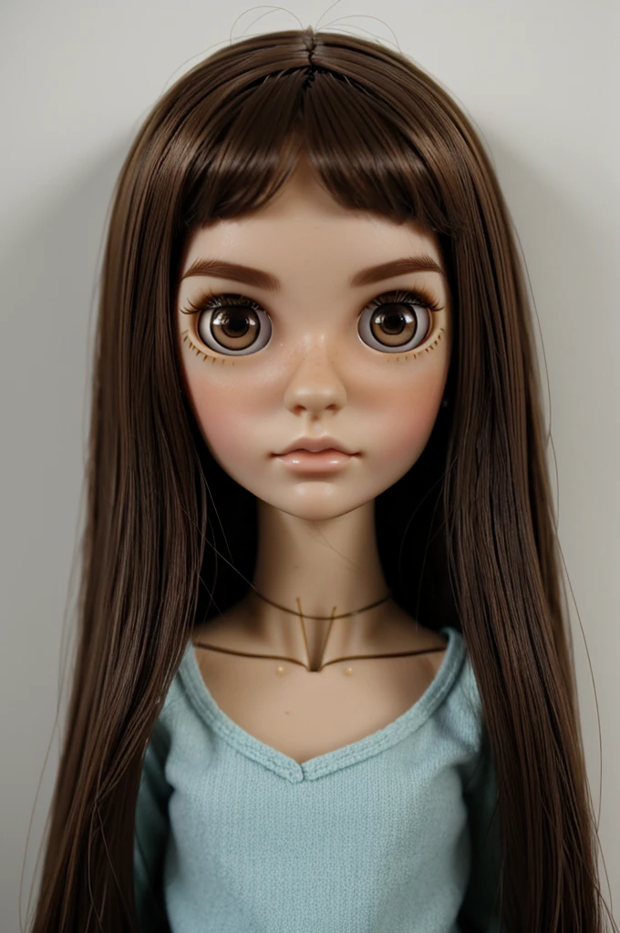 blythe doll brown hair, straight and short, black eyes and thin, thin eyebrows