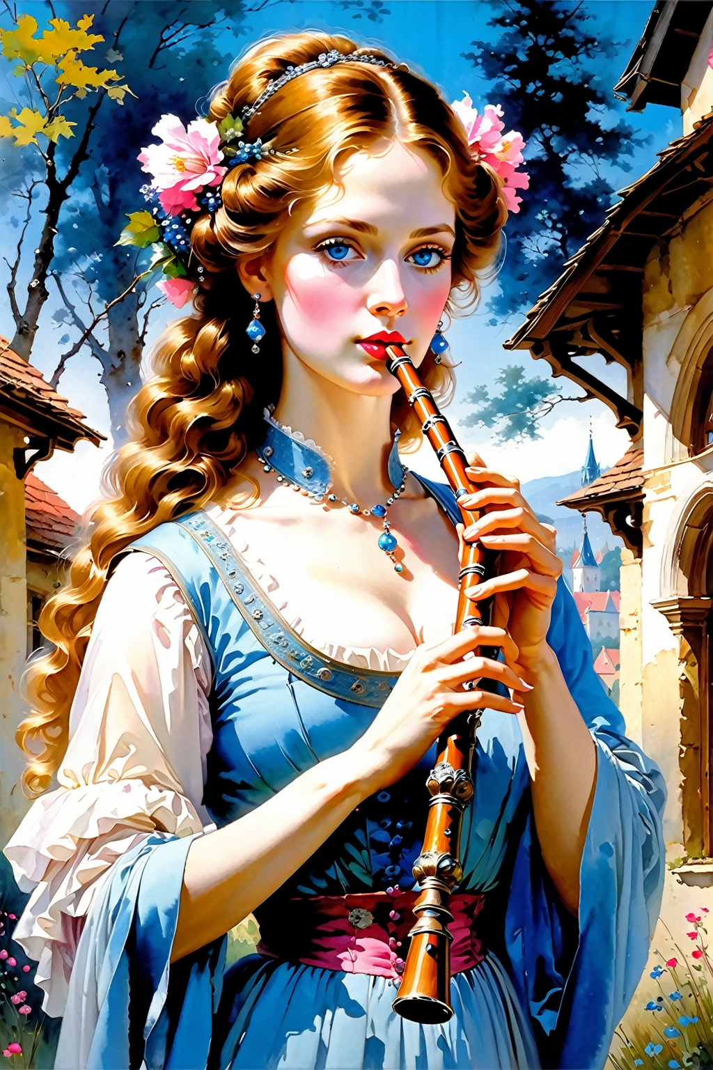Victorian Hungarian women Women of the 14th century handling an Flute, Hazel hair, Pink lips, Nice feature, Wadim Kashin, james gurney, ink, Splash Art", Amazing beauty , Royo, after sexing, Super detailed splash art modern European oil ink painting, Mid Gorgeous Breasts, Gorgeous Body, oil painting, Light Diamond Blue eyes, Blush, Greg Rutowski, (no NSFW image).