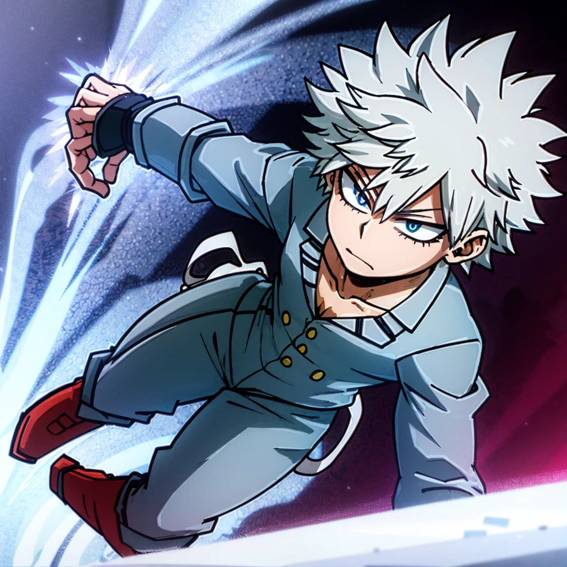 1boy, male focus, solo, muscular body, short hair, spiky hair, white hair, blue eyes, gray jacket, red tie, white shirt, teal pants, boots, fire, snow background, light, handsome