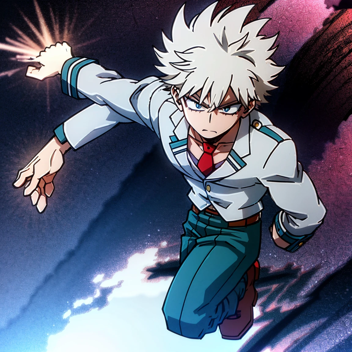 1boy, male focus, solo, muscular body, short hair, spiky hair, white hair, blue eyes, gray jacket, red tie, white shirt, teal pants, boots, fire, snow background, light, handsome