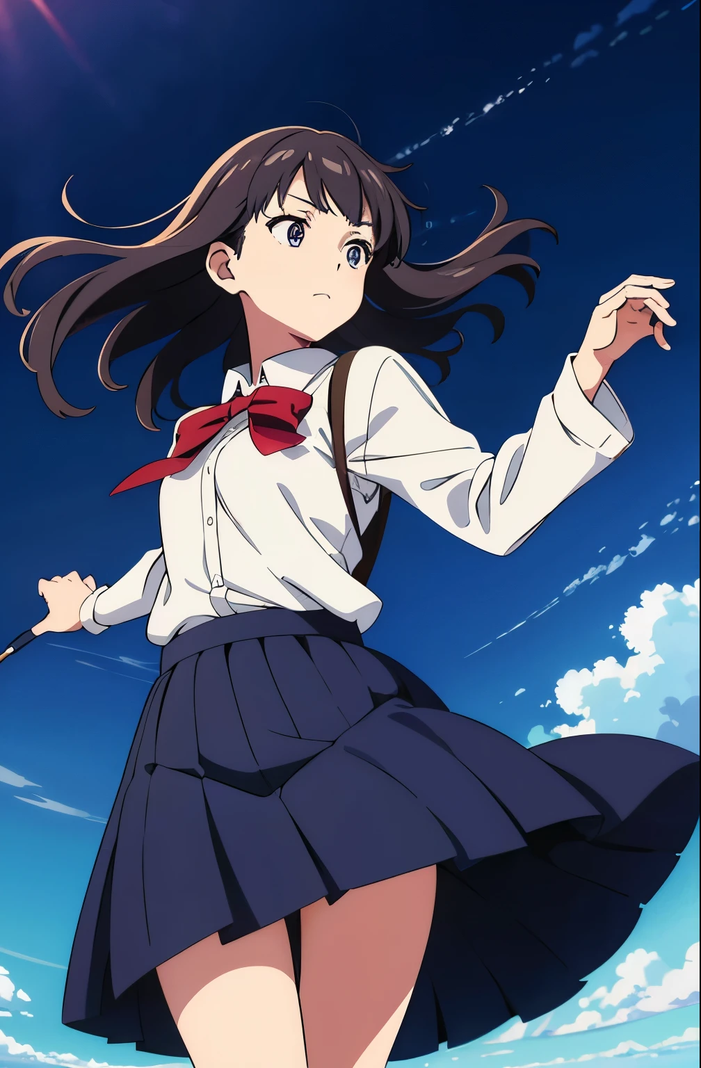 Soundless Kyoko Low Angle、Long skirt、
ネイビーブルーのスカート
強風でめくれるスカートを手で押さえてる
制服のLong skirt、The color is dark blue、
、A skirt that flips up in a strong wind A bright white anime plain white panties、The crotch is visible. Anime painting.、