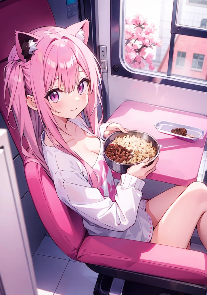 naked pink haired anime chick eats cat food 