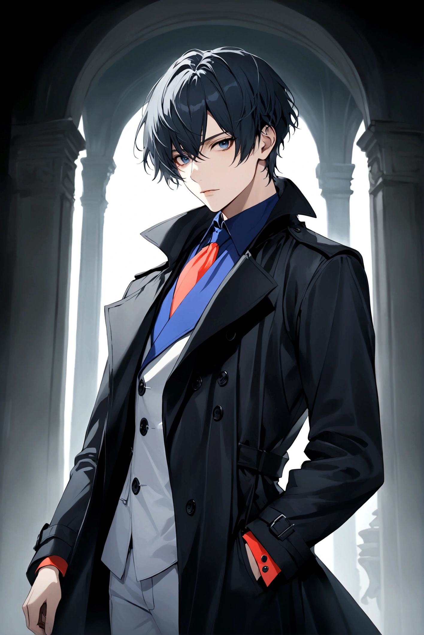 Exquisite facial features,Young male,Black trench coat