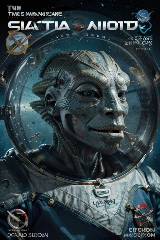 Deluxe edition science fiction magazine cover, ((below an alien face of a humanoid with features of a lizard and fish, fish mouth, lizard nose, Dragon Eyes)), ((on the right side, an astronaut in spacesuits)) , (((left a face of a captain with a captain&#39;s hat wearing a white and blue uniform he is bearded, plump and chubby))), ((above centered a technological spaceship, in the background a universe and its galaxies)). Text Report on the right in the middle of the magazine cover,  text describing something important in the lower left part of the magazine. 