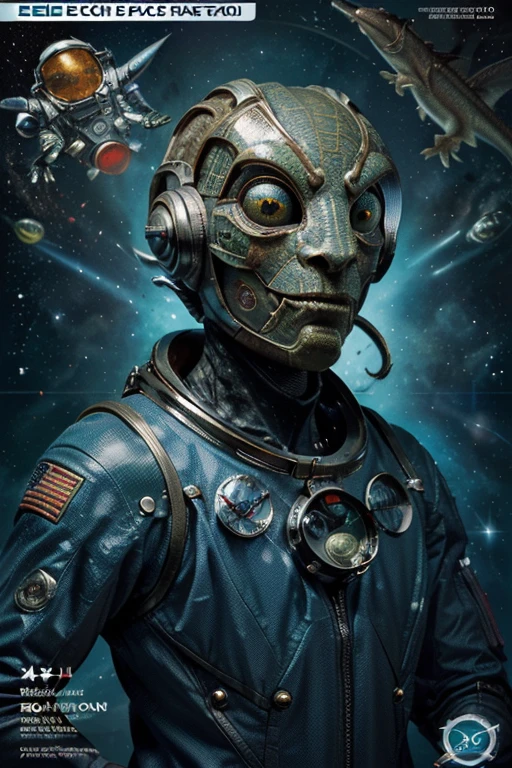 Deluxe edition science fiction magazine cover, ((below an alien face of a humanoid with features of a lizard and fish, fish mouth, lizard nose, Dragon Eyes)), ((on the right side, an astronaut in spacesuits)) , (((left a face of a captain with a captain&#39;s hat wearing a white and blue uniform he is bearded, plump and chubby))), ((above centered a technological spaceship, in the background a universe and its galaxies)). Text Report on the right in the middle of the magazine cover,  text describing something important in the lower left part of the magazine. 