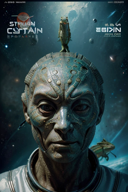 Deluxe edition science fiction magazine cover, ((below an alien face of a humanoid with features of a lizard and fish, fish mouth, lizard nose, Dragon Eyes)), ((on the right side, an astronaut in spacesuits)) , (((left a face of a captain with a captain&#39;s hat wearing a white and blue uniform he is bearded, plump and chubby))), ((above centered a technological spaceship, in the background a universe and its galaxies)). Text Report on the right in the middle of the magazine cover,  text describing something important in the lower left part of the magazine. 