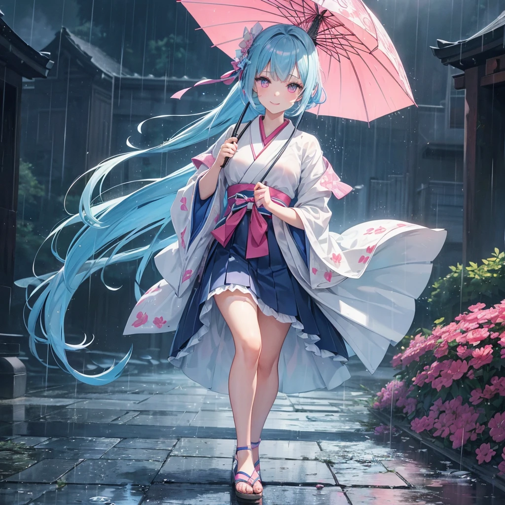 sky Blue hair, (braided ponytail),(pink eyes),fair skin ,(full body),(1 girl),smile,Straight Bangs,(masterpiece, best quality, ultra-detailed, best shadow), (detailed background), (beautiful detailed face), high contrast, (best illumination, an extremely delicate and beautiful), ((cinematic light)), colorful, hyper detail, dramatic light, intricate details,Walking in the rain with an umbrella,noon,colorful umbrella,bright, Raindrops, rain shower,kyoto,Japanese Umbrella,
