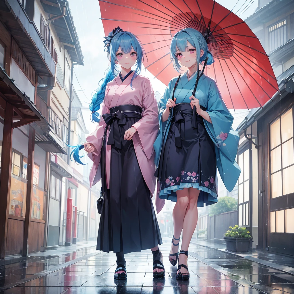 sky Blue hair, (braided ponytail),(pink eyes),fair skin ,(full body),(1 girl),smile,Straight Bangs,(masterpiece, best quality, ultra-detailed, best shadow), (detailed background), (beautiful detailed face), high contrast, (best illumination, an extremely delicate and beautiful), ((cinematic light)), colorful, hyper detail, dramatic light, intricate details,Walking in the rain with an umbrella,noon,colorful umbrella,bright, Raindrops, rain shower,kyoto,Japanese Umbrella,