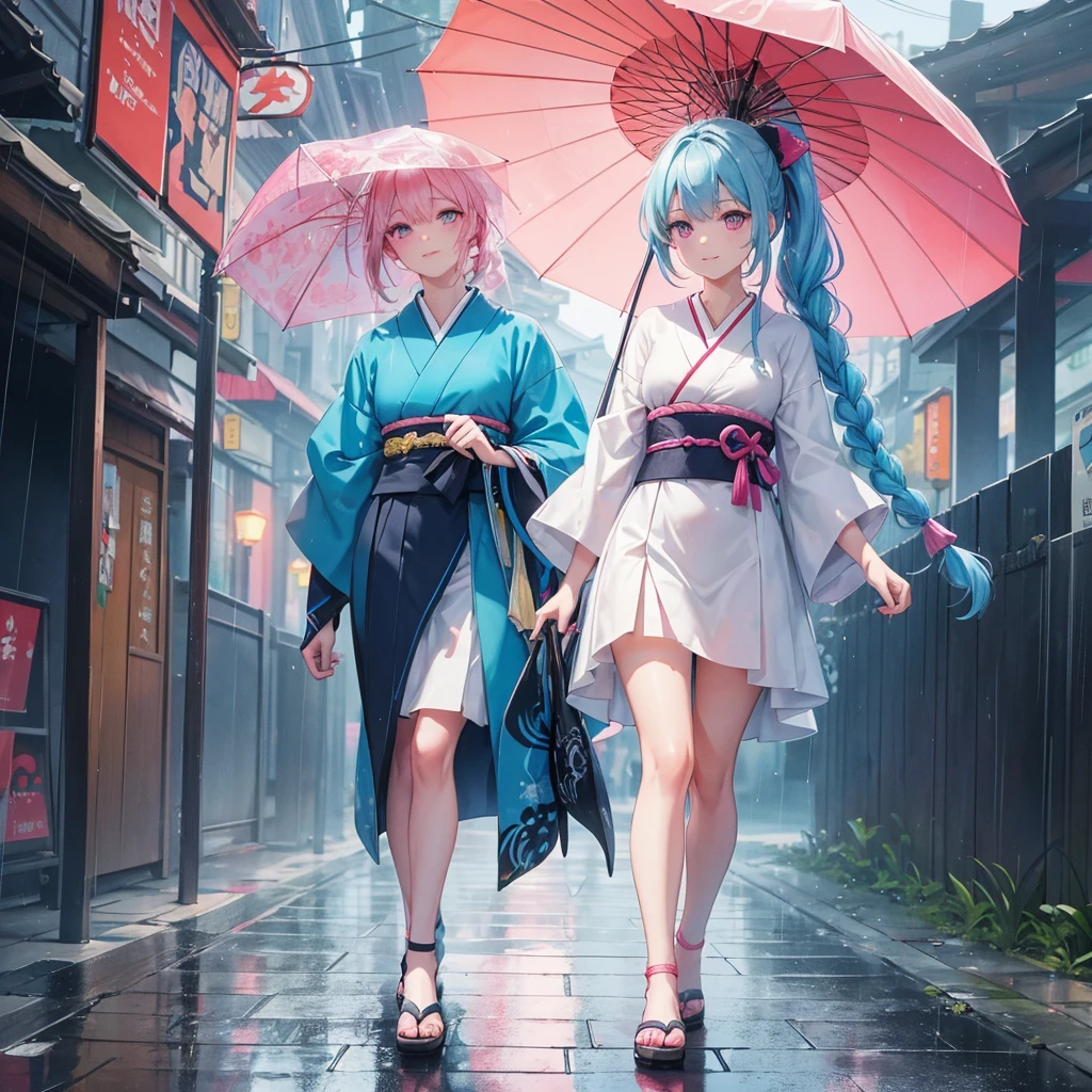 sky Blue hair, (braided ponytail),(pink eyes),fair skin ,(full body),(1 girl),smile,Straight Bangs,(masterpiece, best quality, ultra-detailed, best shadow), (detailed background), (beautiful detailed face), high contrast, (best illumination, an extremely delicate and beautiful), ((cinematic light)), colorful, hyper detail, dramatic light, intricate details,Walking in the rain with an umbrella,noon,colorful umbrella,bright, Raindrops, rain shower,kyoto,Japanese Umbrella,