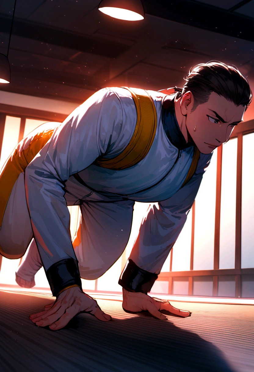 male character doing push-ups with taekwondo suit 