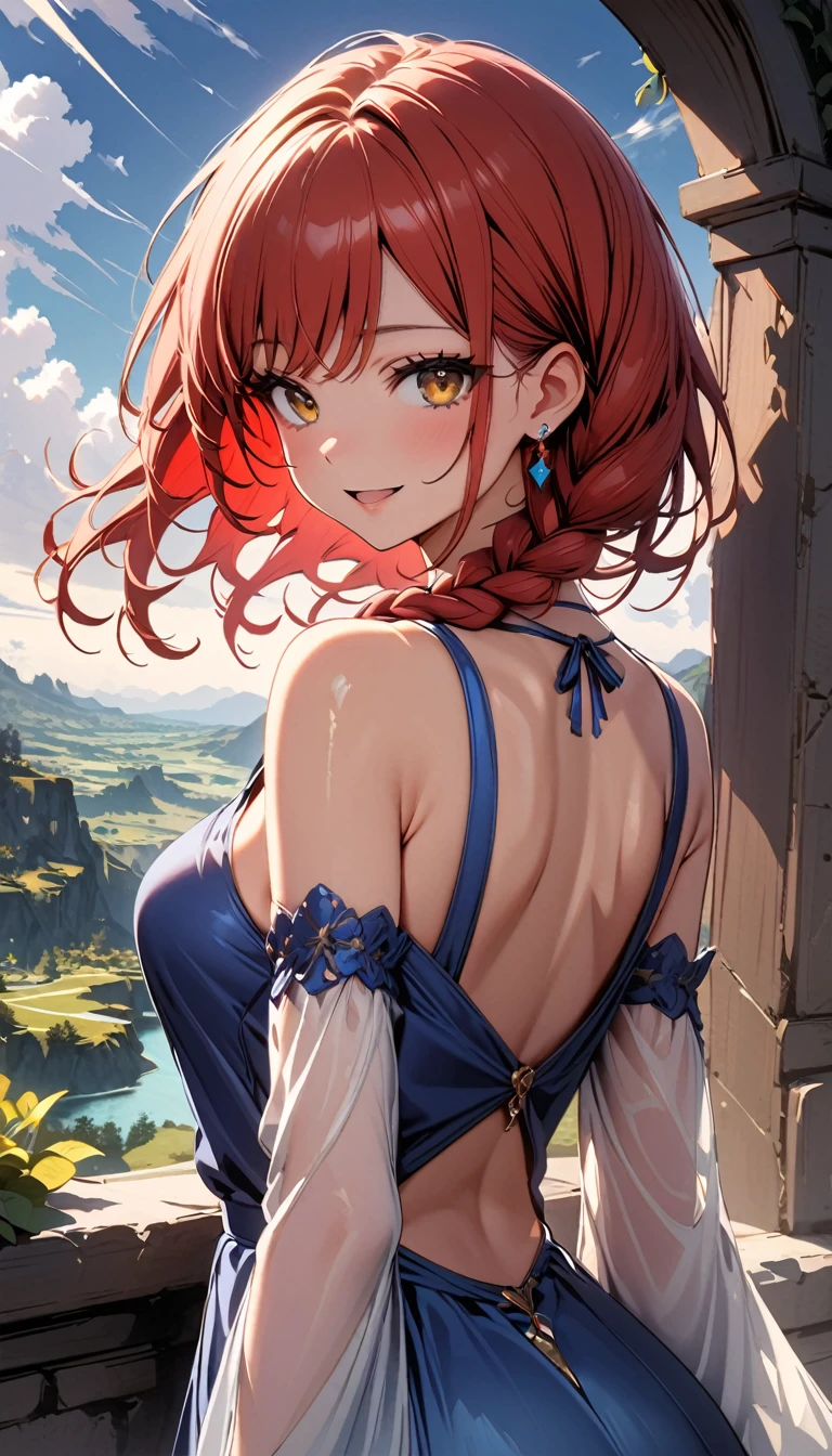 (highest quality:1.2), Very detailed, Vibrant, digital coloring, High Contrast, (masterpiece:1.2), highest quality, Best aesthetics,looking at viewers, 1 female, red Hair, (long single braid:1.5), (messy hair:0.8), lemon yellow eyes, Meticulous Eyelash Details, (Blue Dress:1.2), backless dress, (fantasy landscape:1.4), Bright lighting, Beautiful world, New World, Blown by the gentle wind, (hot gaze, Hot, Glossy, Open Mouth, Leaking sigh), Accurate, Textured skin, Cowboy Shot, seductive smile, The beauty and danger of growing from a girl to an adult, A symbol of miraculous beauty