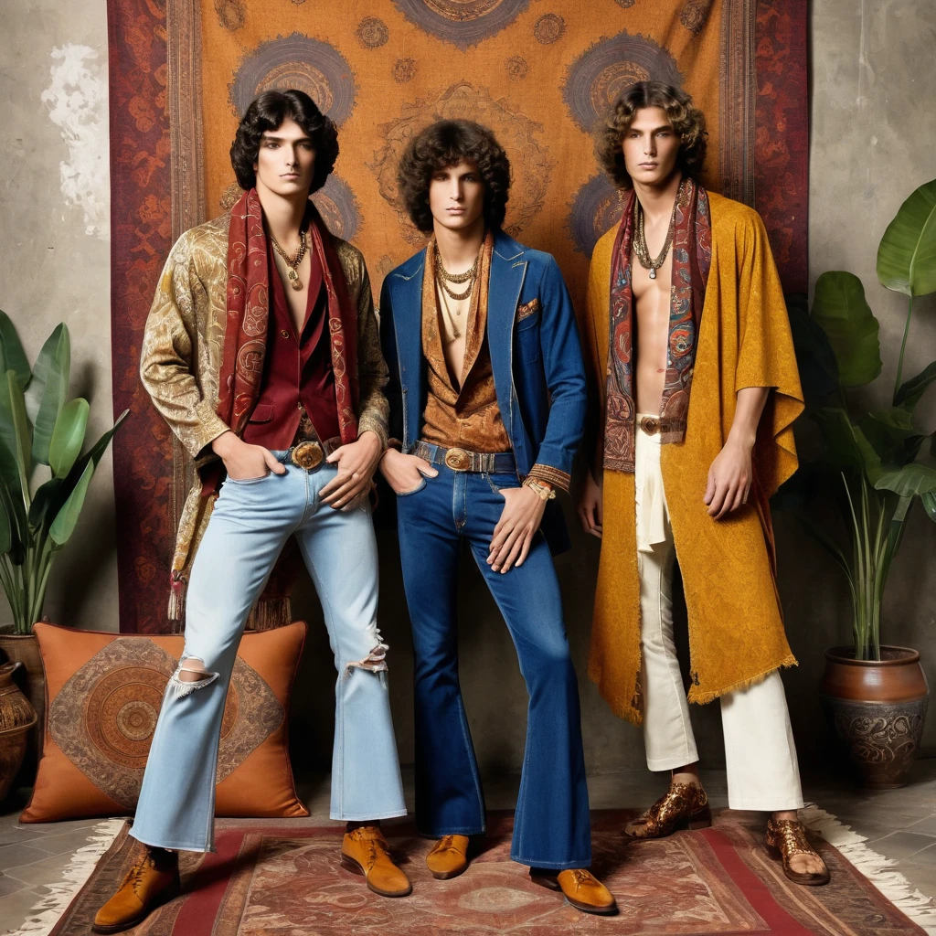 Generate an AI image featuring two young, handsome male models posed in a richly decorated, vintage bohemian setting. The standing model on the left wears a blue denim kimono-style jacket with ethnic patterns and distressed edges, layered over a rust-colored shirt, accessorized with layered necklaces and a mustard yellow scarf, paired with light-washed, flared jeans and woven brown shoes, his curly hair enhancing the retro aesthetic. The seated model on the right dons a mustard-colored, short-sleeved shirt with red details, distressed jeans with patchwork, a long patterned scarf, retro sunglasses, and wavy hair, adding to the 70s vibe. The environment is an indoor space with an opulent backdrop of floral and geometric patterned tapestries in red, blue, and cream, draping the walls and ceiling, with large potted plants adding greenery and layered rugs and cushions creating a cozy texture. The composition balances the standing model on the left and the seated model on the right, with soft, diffused lighting enhancing fabric textures and colors, suggesting a late afternoon or studio setup with filtered light. The photograph is taken using a Canon EOS R7 with a Sigma AF 85mm F1.4 EX DG HSM lens, providing a natural field of view and shallow depth of field to focus on the young, handsome models and their intricate outfits. The scene evokes the opulent, maximalist designs of Roberto Cavalli and the 1970s bohemian fashion photography, captured in the distinctive style of photographer Thomas Synnamon.