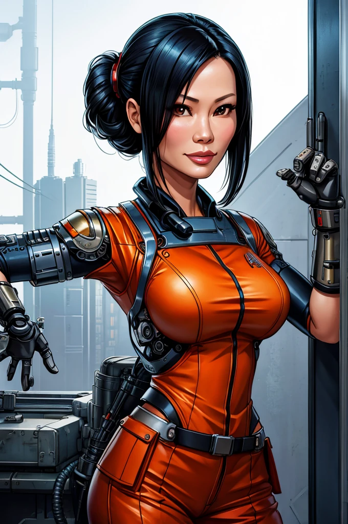 Lucy Liu, gorgeous mechanic, atompunk, blank background, retro-futurism, mechanical hand, cybernetic augment, steel hand
