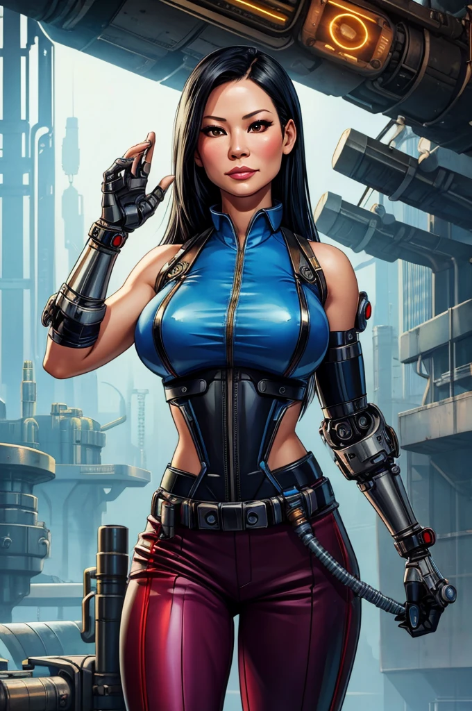Lucy Liu, gorgeous mechanic, atompunk, blank background, retro-futurism, mechanical hand, cybernetic augment, steel hand