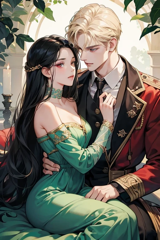 (masterpiece, a couple, high quality, best quality) The royal couple during the dance, The Guy is a perfect blond, blue-eyed aristocrat gave the impression of untouchability due to his overly bright facial features.A girl with long black hair, red eyes. Very close to each other. A girl in a beautiful dark green dress, a beautiful figure, very close to a guy, hugging excitedly, moonlight, beautiful facial features, desire, novel, couple, elegance. the cover of a novel for adults, good quality, sensual pose, lustful looks. the colors of the King,beautiful androgynous prince, knight and princess, delicate androgynous prince, romanticism art style, anime key visual of elegant, royal portrait, a girl with long black hair, resin-colored hair, red eyes, fair skin, light green dress. Background: The royal garden at night. Moon Lighting. Girl black hair red eyes, guy golden hair blue eyes, age 25, detailed face, manly man passionately hugs a girl, a girl is a princess of an enemy country with long black hair and red eyes, a man with golden hair and blue eyes, contrasting colors, passionate relationship, a girl in a green fitted dress with a neckline, a , male king in royal costume, after the ball, background of the royal garden, the lighting is cold, intimacy between the couple, passion. A very sexy man, . A girl is sitting on a man's lap, a passionate pose, a beautiful girl, a lot of details. Blond man, dark-haired girl, attraction between couple, sexy pose, addiction