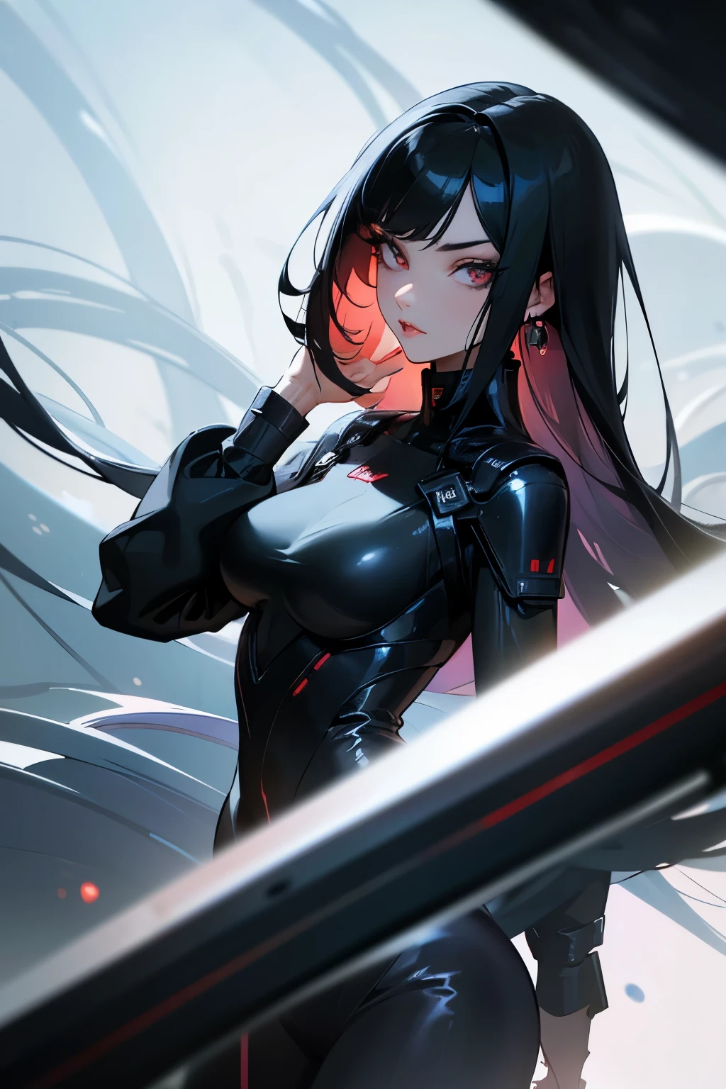 A beautiful woman. Black hair. 22 years old. Beautiful double eyes. The bridge of my nose. Well-shaped lips. She is looking at the camera with a serious expression. She is wearing futuristic black metallic clothing. Images of countless worlds in the space behind her. An image of a parallel world.