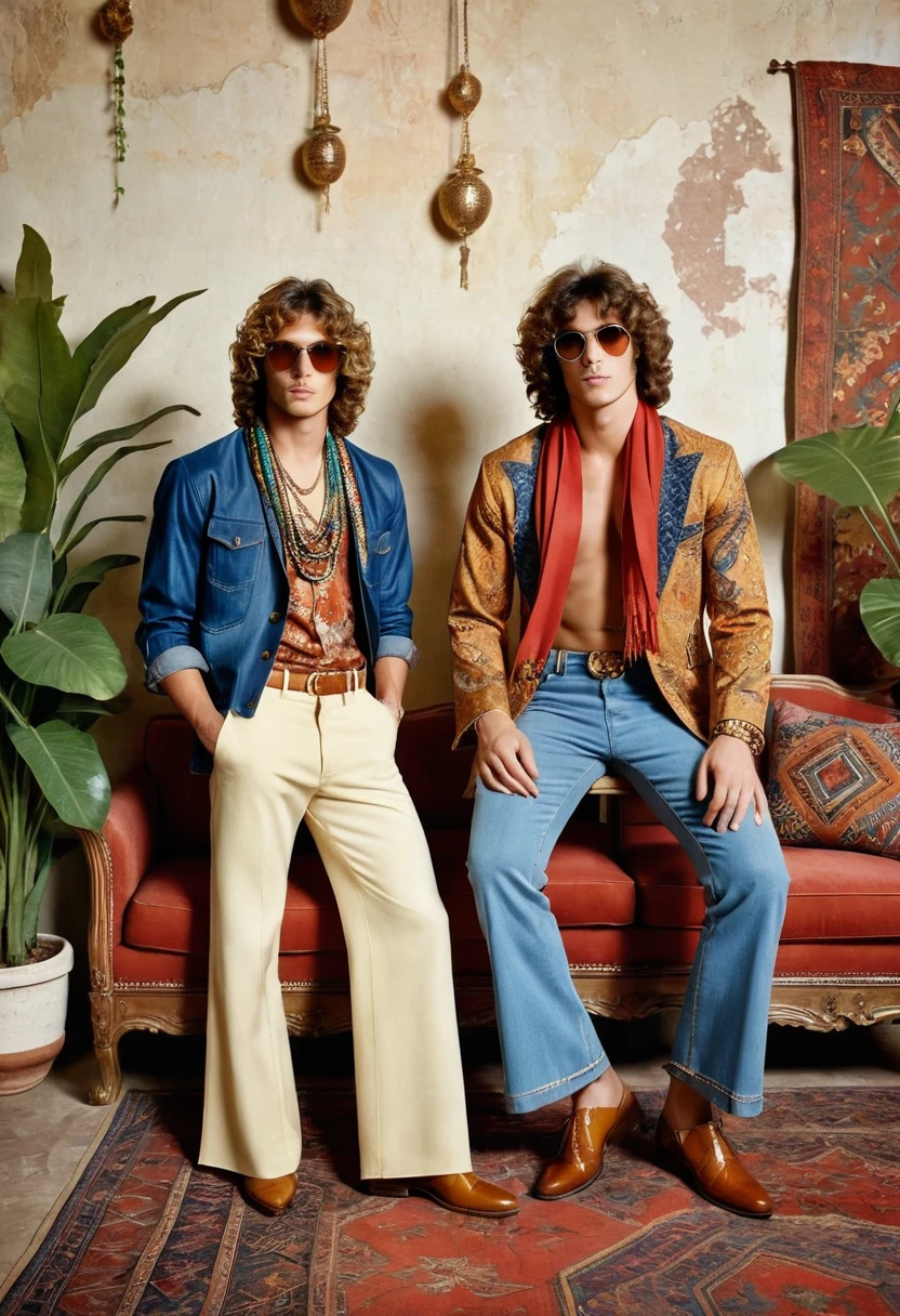 Generate an AI image featuring two young, handsome male models posed in a richly decorated, vintage bohemian setting. The standing model on the left wears a blue denim kimono-style jacket with ethnic patterns and distressed edges, layered over a rust-colored shirt, accessorized with layered necklaces and a mustard yellow scarf, paired with light-washed, flared jeans and woven brown shoes, his curly hair enhancing the retro aesthetic. The seated model on the right dons a mustard-colored, short-sleeved shirt with red details, distressed jeans with patchwork, a long patterned scarf, retro sunglasses, and wavy hair, adding to the 70s vibe. The environment is an indoor space with an opulent backdrop of floral and geometric patterned tapestries in red, blue, and cream, draping the walls and ceiling, with large potted plants adding greenery and layered rugs and cushions creating a cozy texture. The composition balances the standing model on the left and the seated model on the right, with soft, diffused lighting enhancing fabric textures and colors, suggesting a late afternoon or studio setup with filtered light. The photograph is taken using a Canon EOS R7 with a Sigma AF 85mm F1.4 EX DG HSM lens, providing a natural field of view and shallow depth of field to focus on the young, handsome models and their intricate outfits. The scene evokes the opulent, maximalist designs of Roberto Cavalli and the 1970s bohemian fashion photography, captured in the distinctive style of photographer Thomas Synnamon.