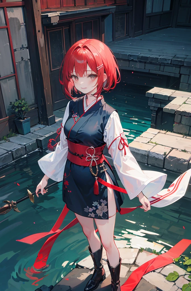 Brunette beauty。High ponytail，red hair clips，short detailed hair，Extremely tall，Wear red and white antique japanese clothes，Valkyrie，Brown belt，Brown boots，Red spear in hand，Standing in the antique courtyard，A bright smile，red pupils，Bare legged，Best quality at best，tmasterpiece，China-style，underground waterway,((dark place)),((dark place)),((dark place)),((dark place)),((Dark underground canals where light does not reach)),