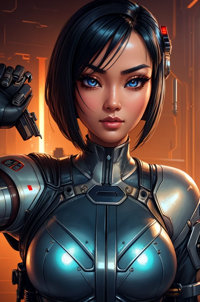 A gorgeous Asian woman with beautiful detailed eyes, extremely detailed face, longeyelashes, wearing a mechanic's outfit, cybernetic mechanical hand, in an atompunk style, retro-futuristic setting, blank background, photorealistic, 8k, hyper detailed, cinematic lighting, dynamic pose