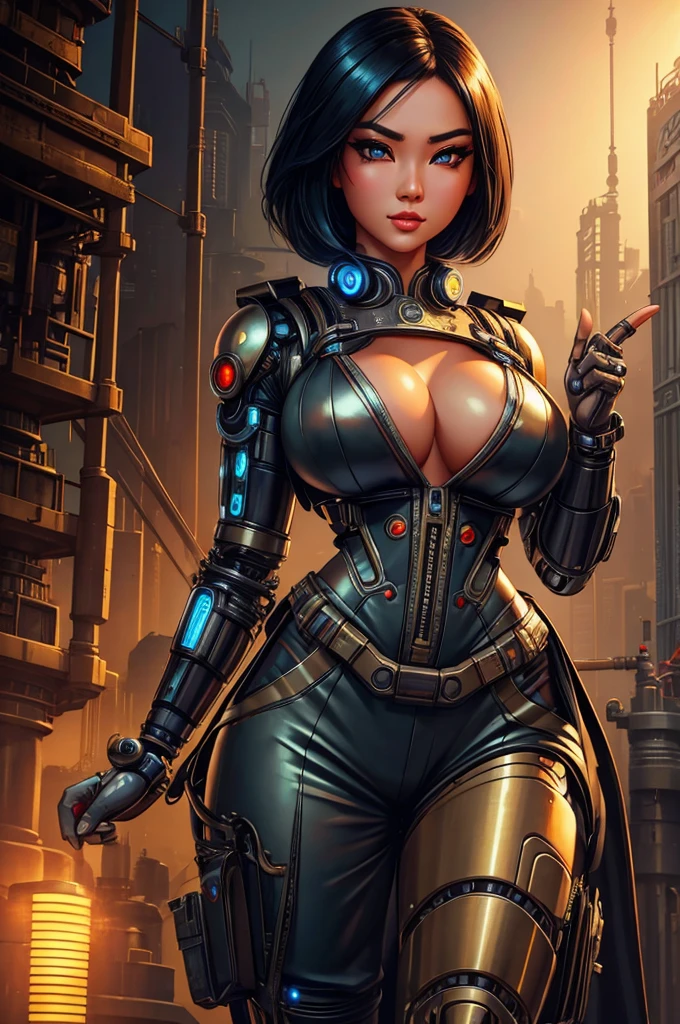 A gorgeous Asian woman with beautiful detailed eyes, extremely detailed face, longeyelashes, wearing a mechanic's outfit, cybernetic mechanical hand, in an atompunk style, retro-futuristic setting, blank background, photorealistic, 8k, hyper detailed, cinematic lighting, dynamic pose
