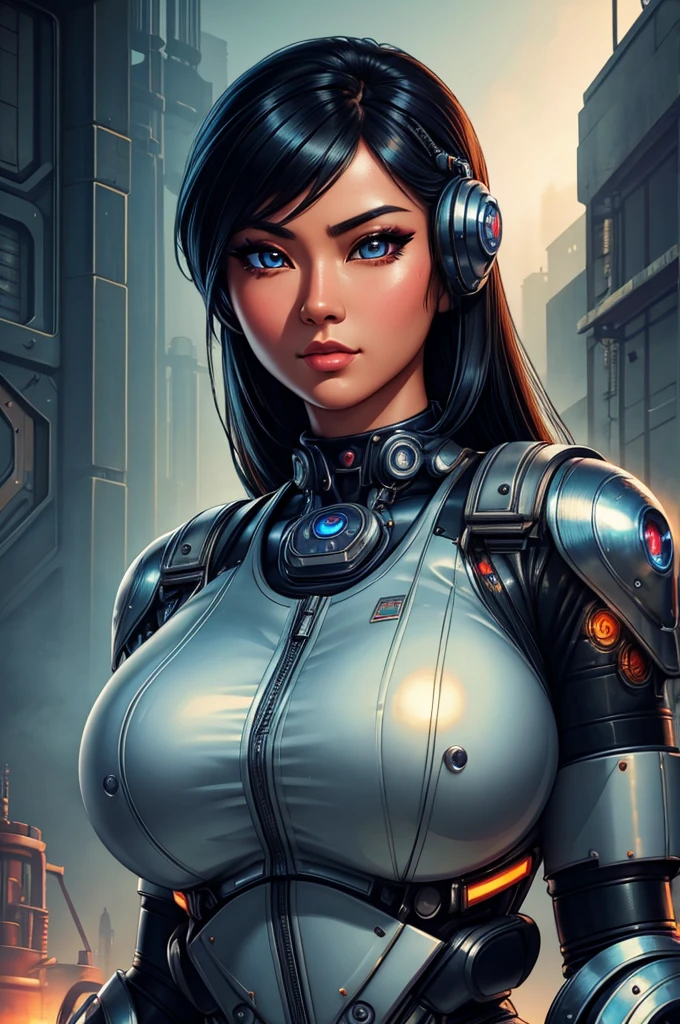 A gorgeous Asian woman with beautiful detailed eyes, extremely detailed face, longeyelashes, wearing a mechanic's outfit, cybernetic mechanical hand, in an atompunk style, retro-futuristic setting, blank background, photorealistic, 8k, hyper detailed, cinematic lighting, dynamic pose