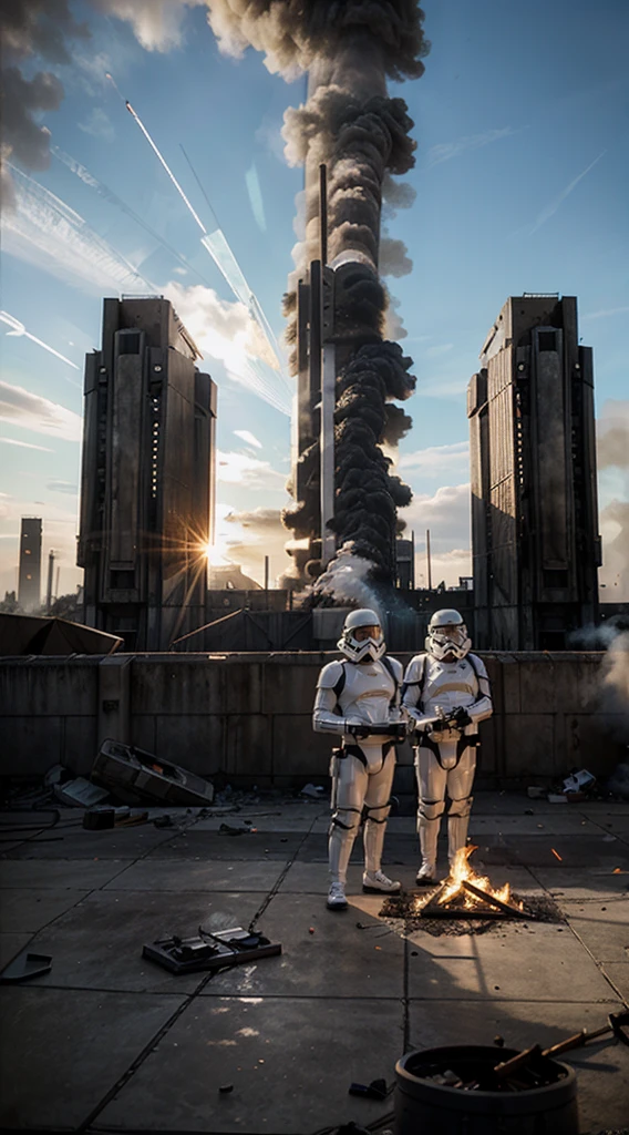 Three Imperial Stormtroopers from Star Wars, after a battle, watch their spaceship burn down. in the background, ruined buildings are smoking, sunlight breaks through the smoke