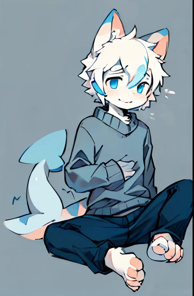 (masterpiece, best quality:1.2,Excellent details),, Solitary,Shark Tail,Cat ears,black strips,blue eyes,Short white hair