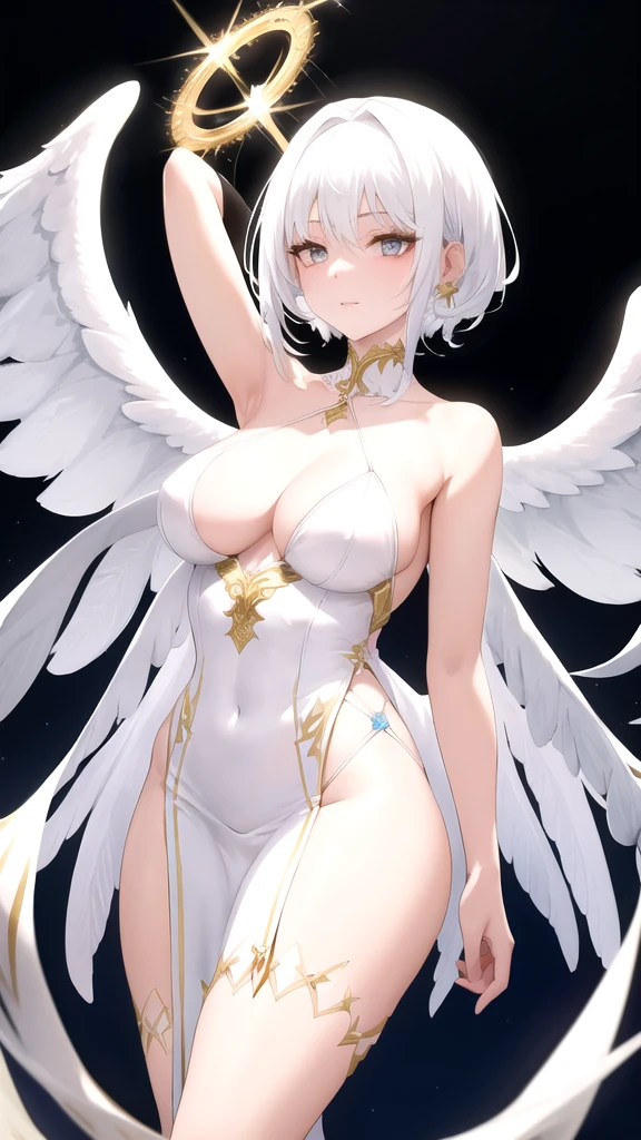 The woman with white hair and gold eyes .She got a white angel wings and she have wear a white dress.she have a white collar with a golden star.