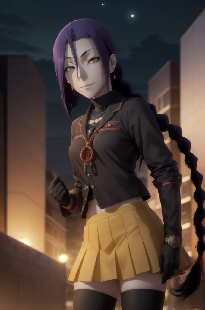 maganechikujouin, magane chikujouin, long hair, purple hair, braid, single braid, (hair over one eye:1.5), (yellow eyes:1.3), smile, grin,
BREAK skirt, thighhighs, gloves, jewelry, , earrings, serafuku, black gloves, black thighhighs, necklace, zettai ryouiki,
BREAK outdoor, city, night, sky, buildings, moon, clouds,
BREAK looking at viewer, (cowboy shot:1.5),
BREAK (masterpiece:1.2), best quality, high resolution, unity 8k wallpaper, (illustration:0.8), (beautiful detailed eyes:1.6), extremely detailed face, perfect lighting, extremely detailed CG, (perfect hands, perfect anatomy),