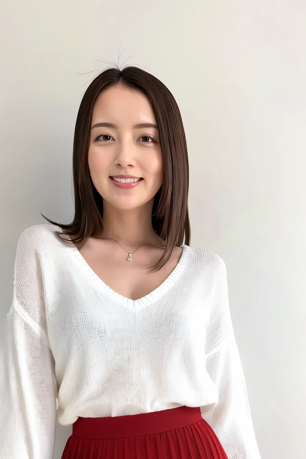 (Highest quality、Tabletop、Best image quality、Award-winning works)、 pretty girl、(Elegant white V-neck knit sweater:1.2)、(An elegant skirt made of red Melton fabric.:1.2)、Perfect girl portrait photo、Glowing Skin、Standing Elegantly、(The simplest blurry background:1.1)、Glowing White Skin、Very white skin、smile、Small cleavage、Close-up of face