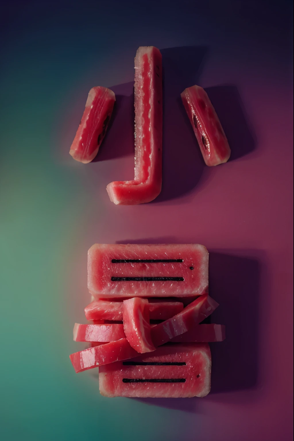 best quality, masterpiece, high-res, realistic, vibrant colors, watermelon texture with seeds, macro photography, soft lighting, dreamy ambiance, cool background