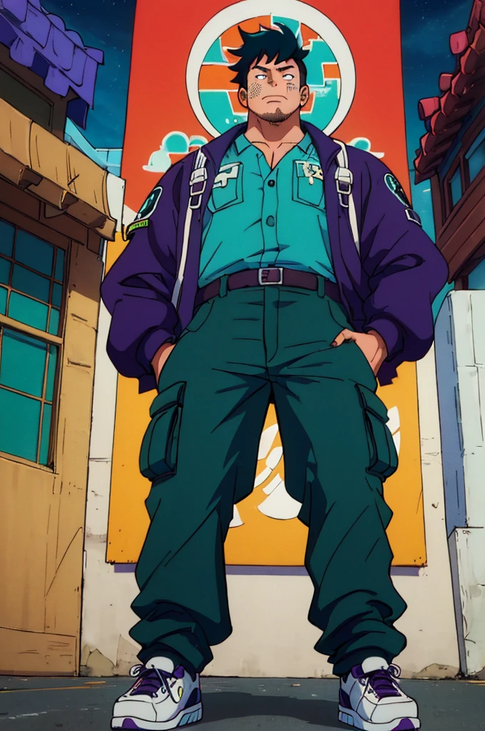(masterpiece:1.4), 1boy, Streetwear,cargo pants, street, (masterpiece, best quality, highres, ultra detailed ), night, depth of field, absurdres, (masterpiece:1.4), ultra-detailed, 1boy, stand up, black and teal, short purple wildly hair with teal streaks in uniform school