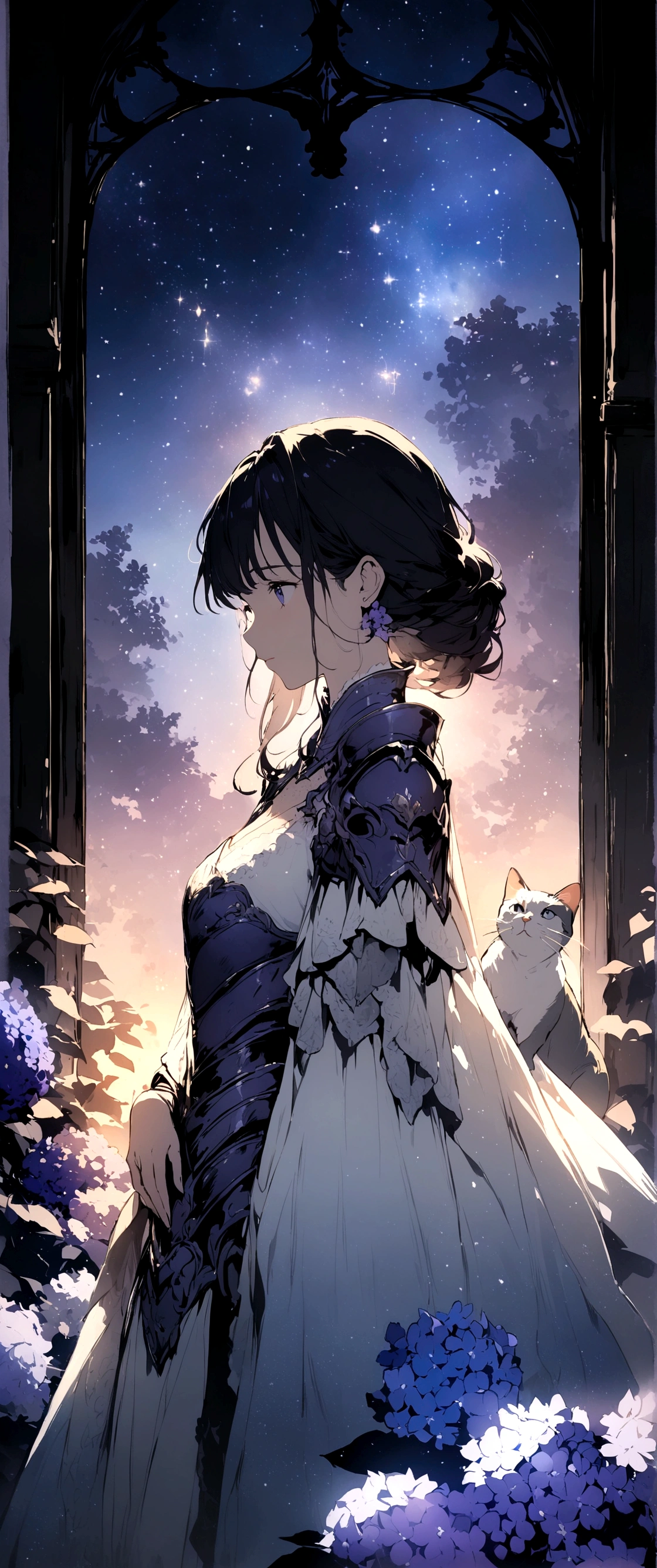 High resolution, A beautiful double exposure image blending a starry sky with blue-purple hydrangea flowers. Illustrations drawn with a delicate touch.Great atmosphere. Vibrant,High quality illustrations,dream-like,mercenary,Cinematic,Cute Japanese girl and cat,A classic mix of black and white lace and armor.The details of the costume are very fine.