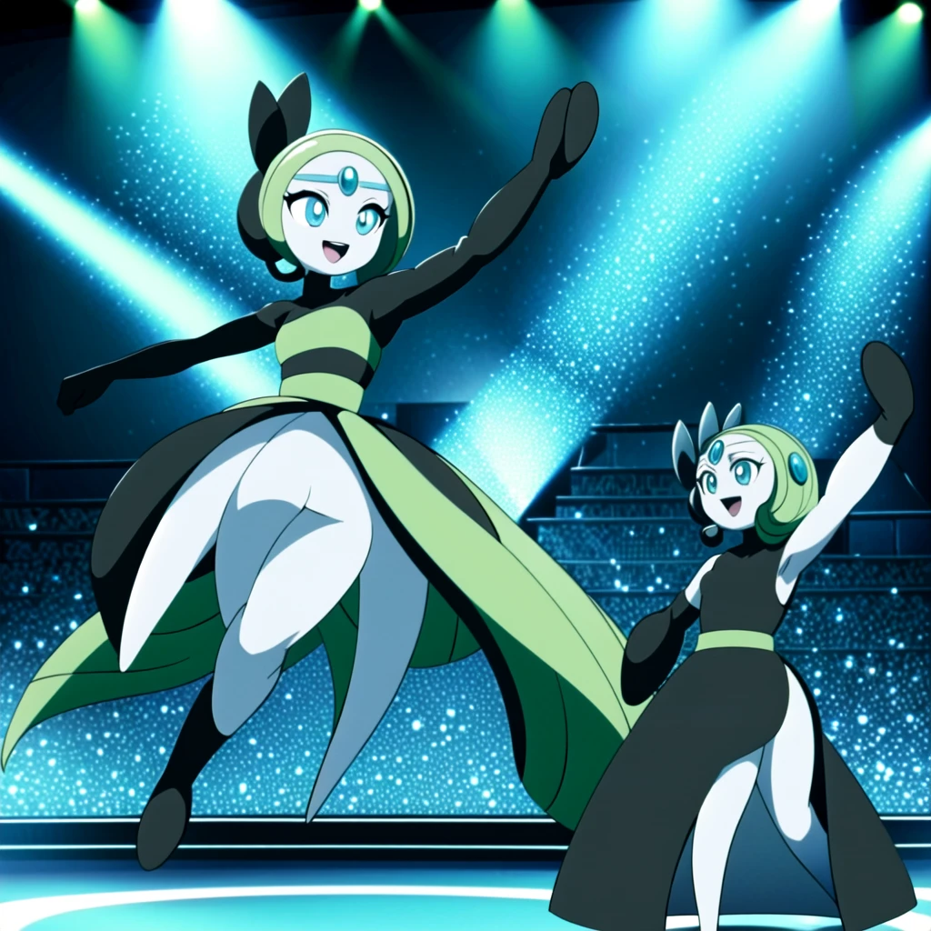 meloetta, pokemon \(creature\), mobface, blue eyes, chibi, :D, full body, black dress, green waist, concert stage, singing, dancing