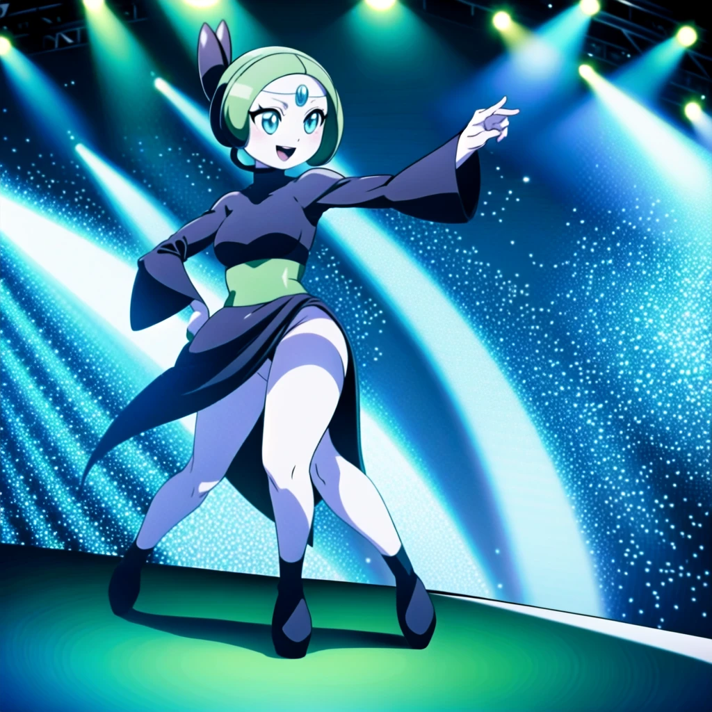 meloetta, pokemon \(creature\), mobface, blue eyes, chibi, :D, full body, black dress, green waist, concert stage, singing, dancing