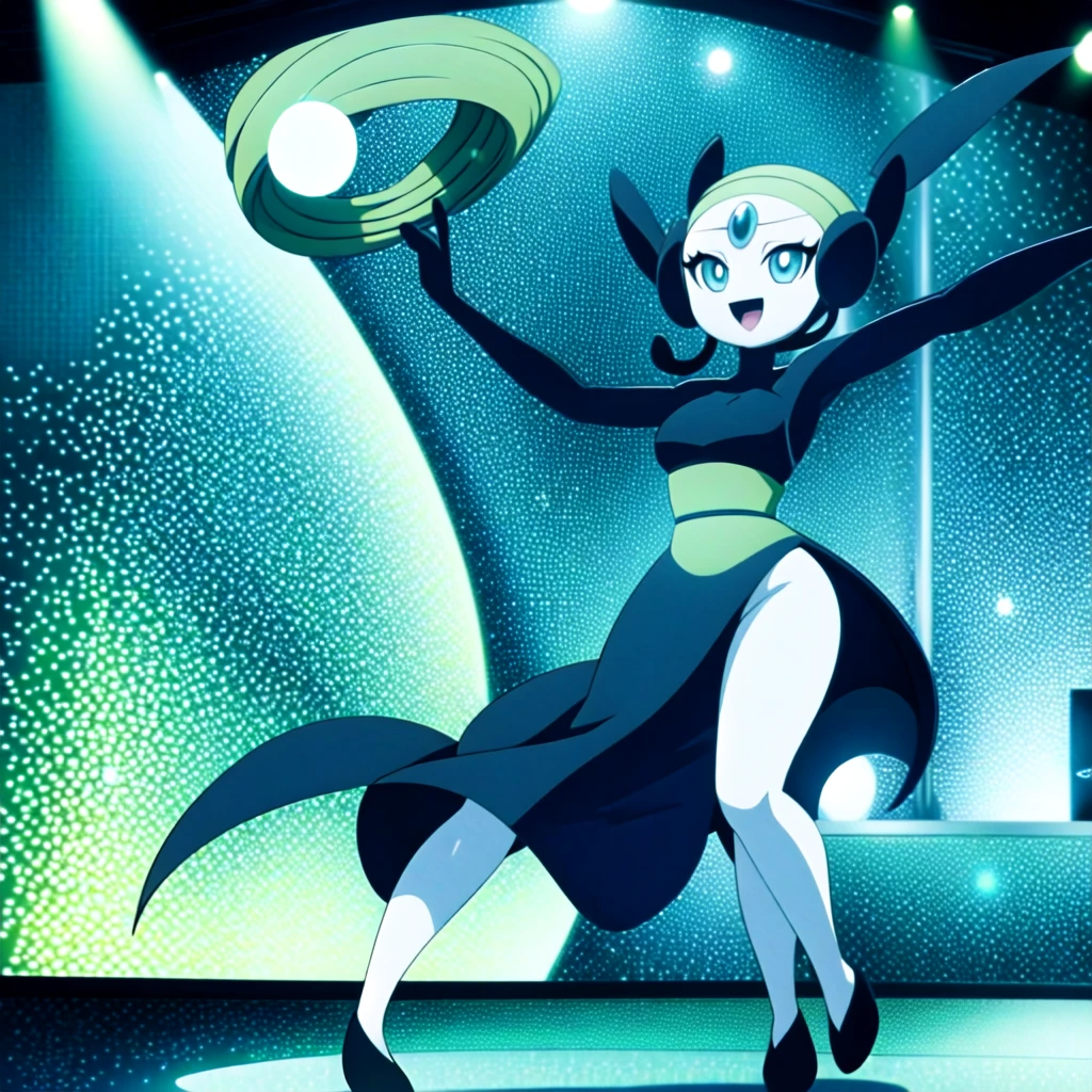 meloetta, pokemon \(creature\), mobface, blue eyes, chibi, :D, full body, black dress, green waist, concert stage, singing, dancing