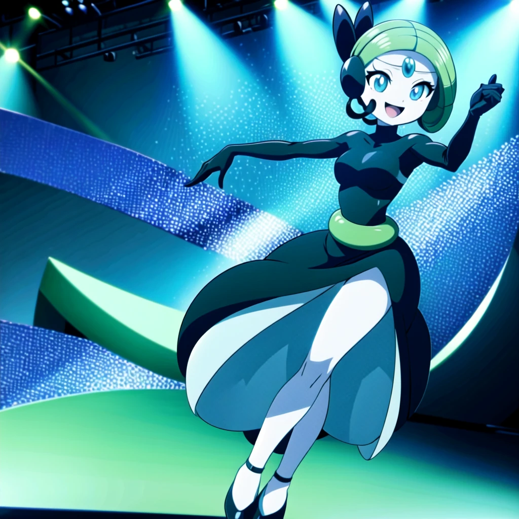 meloetta, pokemon \(creature\), mobface, blue eyes, chibi, :D, full body, black dress, green waist, concert stage, singing, dancing