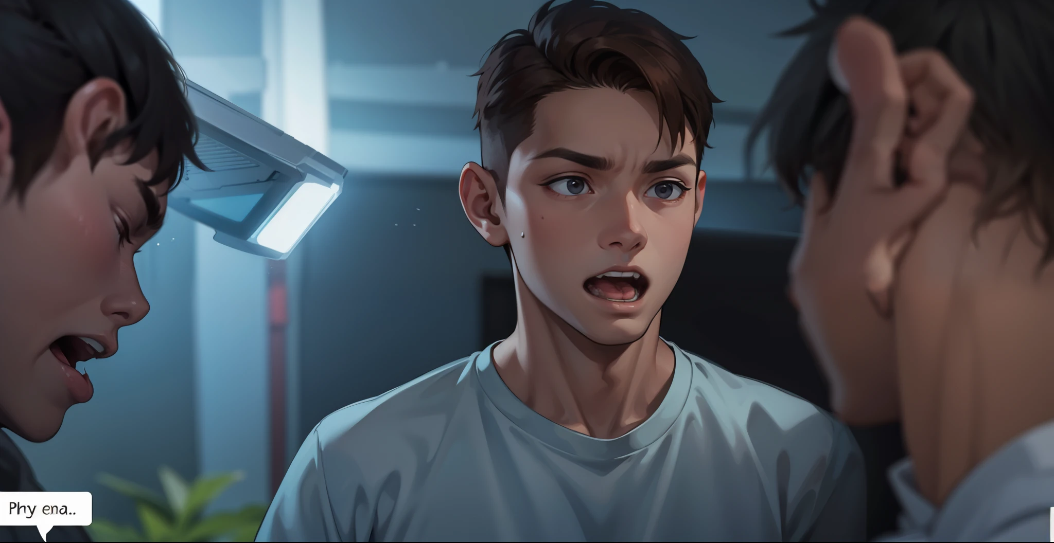 He is talking, he opens his mouth, he is scared and he is surprised, he asks for forgiveness, he has brown hair, he is 18 years old.