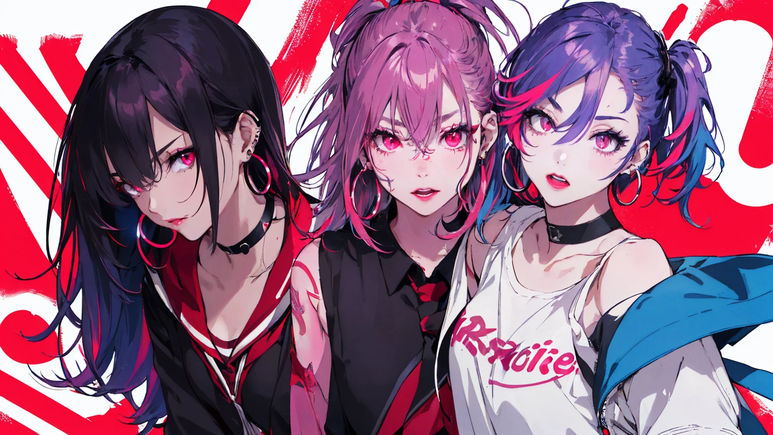 hair above one eye, Purple eyes, Clear Eyes, choker, Neon Shirt, torn legwear, open jacket、Blue pubic hair catches my eye,Bright red background、Red background, graffiti, Shineing grafiti, Shineing tattoos, Shine, Neon Light, Black light,Anime Style, movie portrait photography, 1 female, 22 years ago, Whole Body Ezbian,Big and ample breasts, anger, (Scarlet Hair), Long Hair, Purple eyes, wearing a short black dress, (Natural skin texture vivid details, Surreal, (Realistic eyes, Natural skin texture, Realistic facial details), Soft and dramatic lighting, Written boundary depth, Bokeh, vivid details, Surreal, 35mm movie, Absent-minded, movie,lipstick, ear piercing, eye shadow, Hoop Earrings, red pink lips, multicolored red eyes, Red background,Beautiful Eyes,Bold Pose、Strike a Pose,upper ponytail,drooping bangs,Droopy eyes、((school uniform))、high school girl
