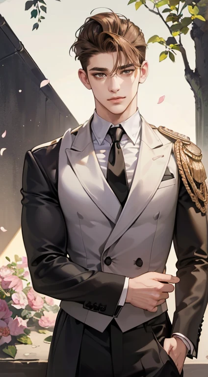 ((masterpiece)),(((best quality))), (detailed light) (detailed shadow), (high quality, breathtaking),(expressive eyes, perfect face), 1man, solo, male, tall, (mature), board shoulder, muscular, (((undercut hairstyle))), short brown hair, ((light brown eyes))), happy smiling face, black suit, white tie, oak tree background, flower petal flying, windy, look at viewer,