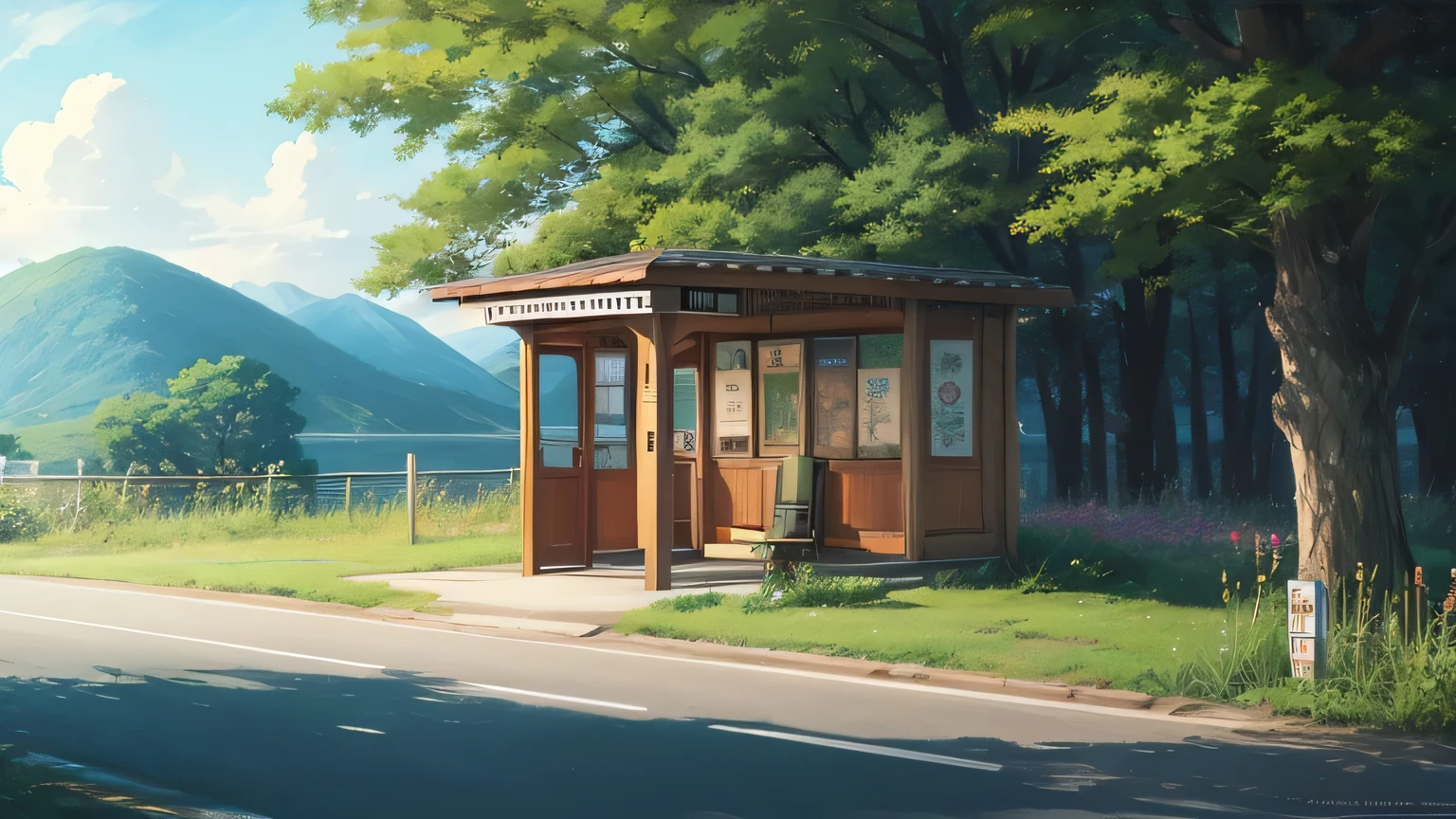There is a small wooden bus stop on the side of the road., Paintings inspired by Makoto Shinkai, Topics on pixiv, Conceptual Art, Anime countryside landscape, ( ( makoto shinkai ) ), Makoto Shinkai's Style, Anime Scenery, Anime movie background, Anime Background Art, Anime scenery, beautiful Anime Scenery, Beautiful anime scene