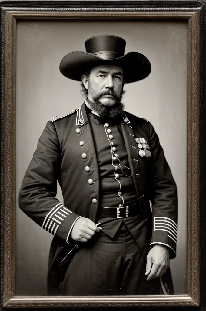 a black and white photo of a man in uniform, a colorized photo by Henry Ives Cobb, Jr., flickr, renaissance, decorated civil war veteran, mathew brady photo, portrait of emperor norton, col price, charles o. perry, general greivous, 1 8 0 0 s soldier, mutton chops, sep. e. scott, clement hurd